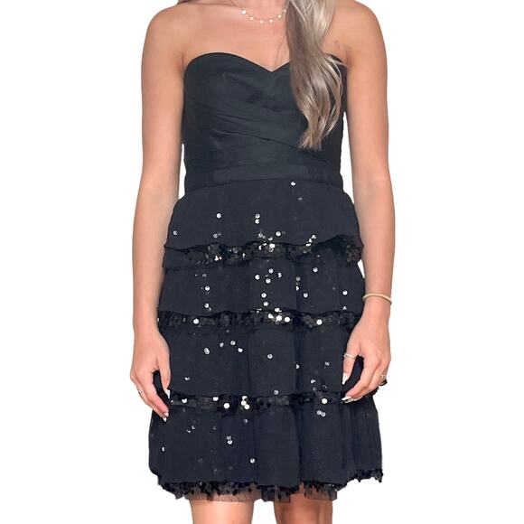 00s BCBGMAXAZRIA Vintage Black Sequin Strapless Tiered Layer Dress - Picture 2 of 9